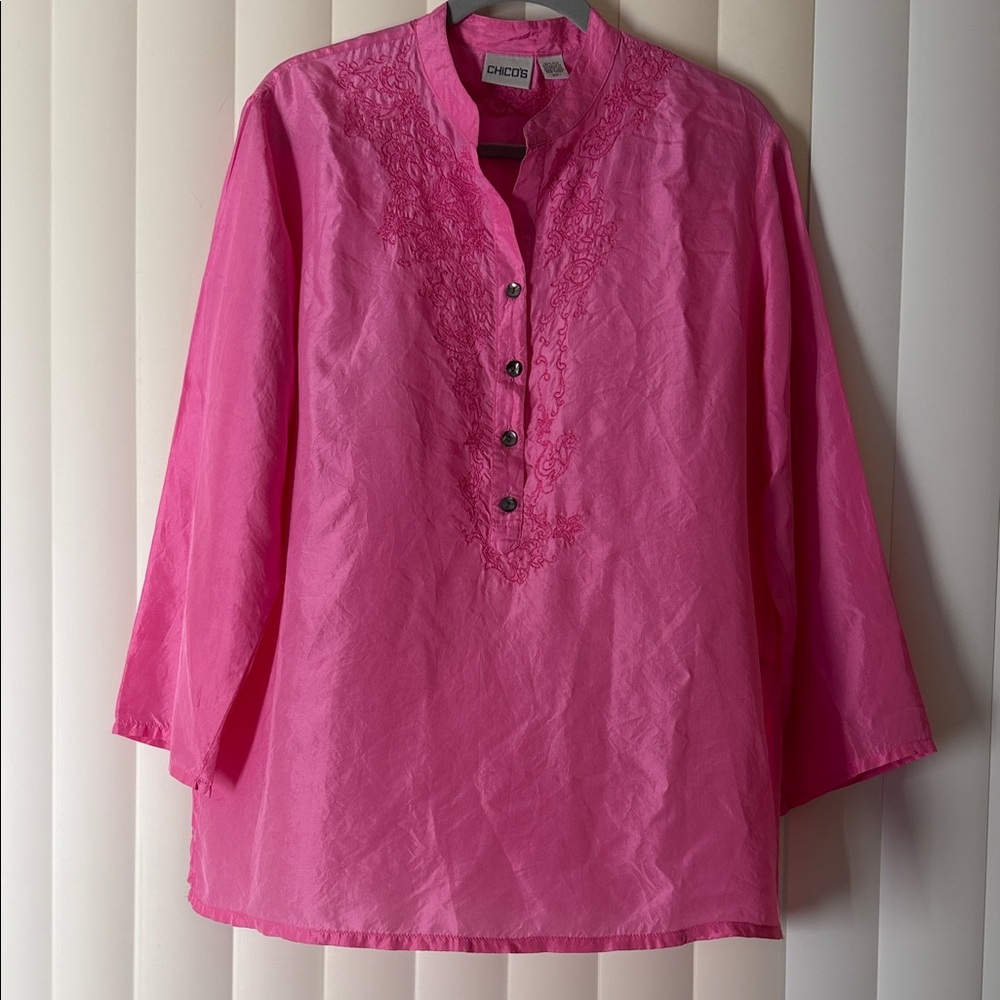 Chico's Vibrant Hot Pink Embroidered Split-Neck Tunic